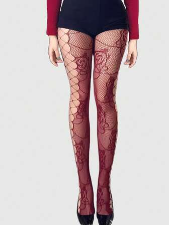 ROMWE Avant 1 Paar sexy Blumen-Spitze Fischnetz Socken, retro burgunderrote seitlich Cut Out Strumpfhose, leichte und elastische durchsichtige Strümpfe