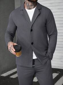 Manfinity CasualCool 男士纯色简约休闲长袖衬衫和裤子套装 - 黑色 - 查看 3