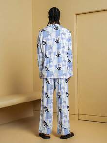 SHEIN Felix The Cat Men's Comfortable All-Over Print Button Front Long Sleeve Top And Pants Loungewear Set, Autumn - Blue and White - View 2