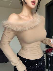 DAZY Women's Fuzzy Fur Collar Patchwork Oblique Shoulder Long Sleeve T-Shirt, Suitable For Autumn/Winter, New Year, Christmas Y2k - Khaki - View 2