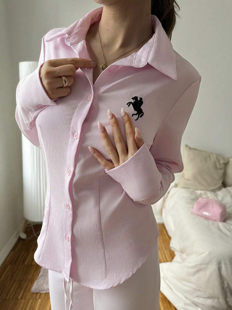 SHEIN EZwear 女士新款刺绣装饰粉色修身长袖衬衫 - 粉色 - 查看 1