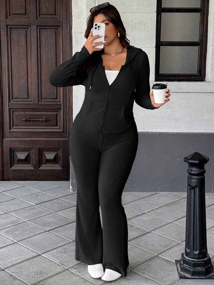 Easura Bộ áo khoác cardigan có mũ trùm đầu thanh lịch dành cho nữ cỡ lớn, kèm quần, thích hợp cho mùa tựu trường, hẹn hò, đi chơi vào mùa thu/đông. - màu đen - Xem 1