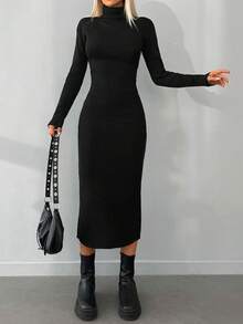 EURMUSE Turtleneck Ribbed Knit Jumper Dress - Black - View 3