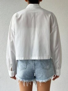 EURMUSE Women Geometric Cargo Pockets Crop Blouse Shirt - White - View 2
