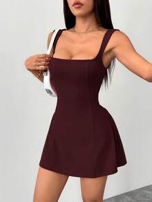 SHEIN PETITE 女士约会派对纯色红色迷你A字领丰满方领性感优雅收腰连衣裙 - 玫瑰紅 - 查看 7