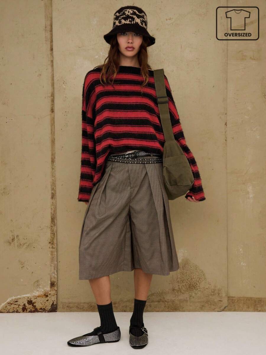 COUREZ 超大号条纹套头衫/ Y2K 秋冬女装朋克风毛衣舒适冬季外出长袖上衣新年 - 黑色 - 查看 1