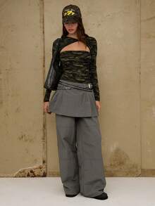 COUREZ 长袖迷彩镂空上衣 - 軍綠色 - 查看 2