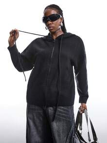 LYSMO Plus Size Plain Color Zipper Cardigan, Minimalist Fashion Casual For Everyday Wear In Fall/Winter - Black - View 5