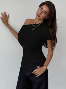 Aloruh Women's Casual Solid Color Asymmetric Shoulder Fitted Blouse, Summer,Summer Top - Black - View 6