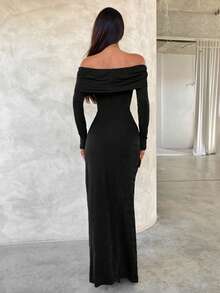 Aloruh 棕色露肩修身派对连衣裙，配金属装饰肩带，百搭长袖女式连衣裙 - 黑色 - 查看 3