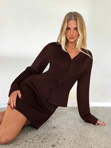 Aloruh Women's Elegant Front Hook Gigot Sleeve Top And High Waist Bodycon Skirt 2 Pieces Outfit Set, Black - Brown - View 7