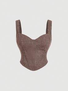 SHEIN MOD 大码棕色羊毛无袖宽肩带背心，棕色束身胸衣，棕色束身衣，棕色上衣，秋季，背心，格子粗花呢，女教师，返校季，背心，复古风格，叠穿造型，外出上衣，粗花呢上衣，优雅上衣，商务休闲上衣，办公室女神优雅上衣 - 棕色 - 查看 5