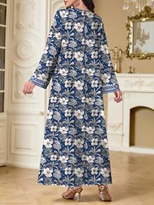 SHEIN Najma Women's Tropical Plant & Floral Digital Print Elegant Round Neck Long Sleeve Arabic Style Dress, Spring/Summer - Multicolor - View 2