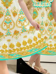 SHEIN Young Girl Floral Print Patchwork Ruffle Hem Casual Minimalist Dress, Suitable For Spring/Summer - Multicolor - View 3