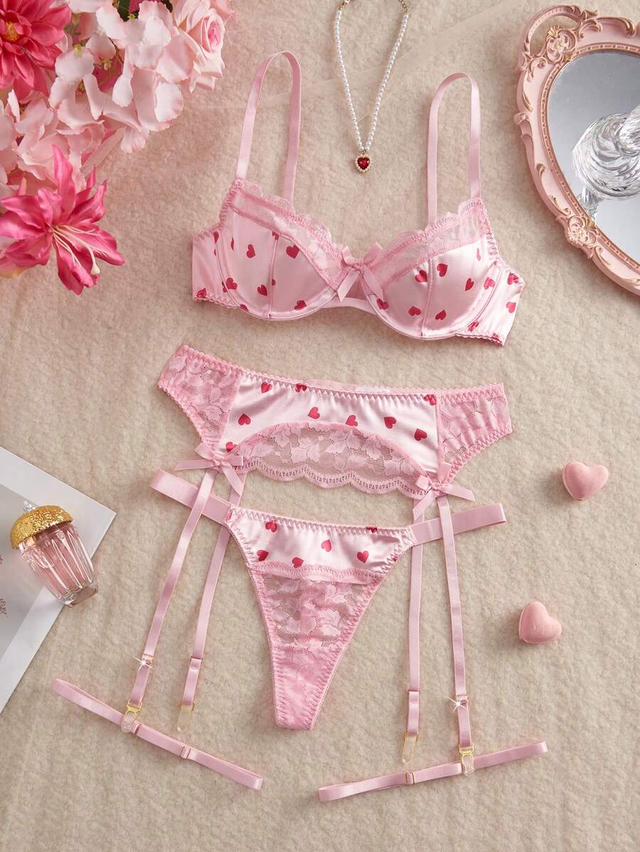 Eraneu 5pcs/Set Valentine's Day Satin Floral Contrast Lace Underwire Lingerie Set Cute Underwear Set Butterfly Lingerie Set Kawaii Lingerie Strawberry Lingerie Birthday Lingerie Set - Pink - View 1