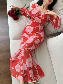 DAZY فستان ماكسي طويل الأكمام بياقة على شكل حرف V وربطة الخصر، طباعة زهرية، أنيق وكاجوال لأوقات الاستجمام - الأحمر - مشاهدة 8