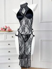 2pcs Set Sexy Lace Halter Backless Hollow Out Design Lingerie With Thong Panty - Black - View 3