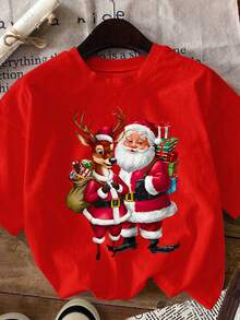 Flirla 大码女式圣诞老人印花圆领短袖休闲T恤，夏季新年服装图案T恤女式上衣 - 紅色 - 查看 3