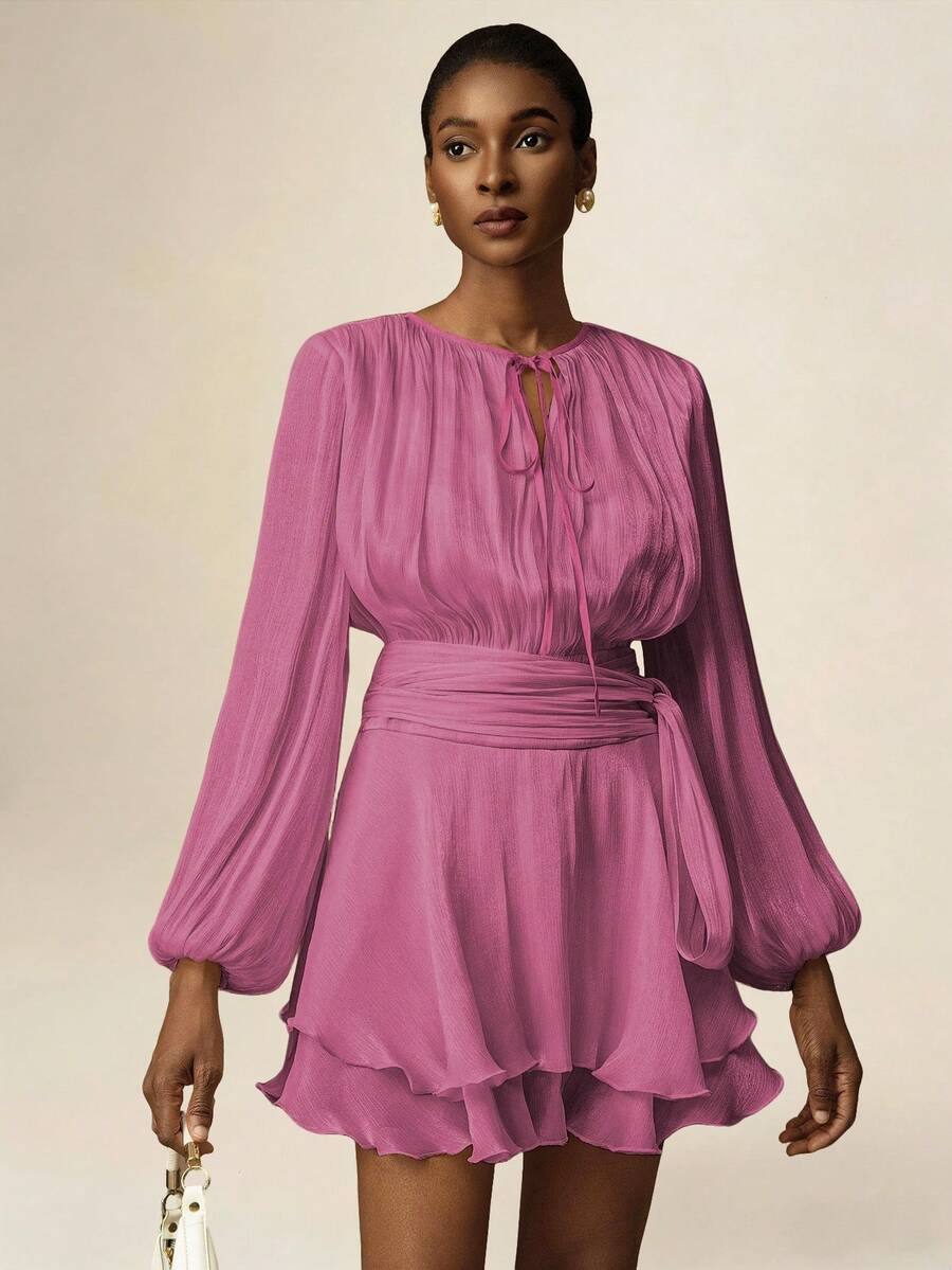 Vesra 杏色系带长袖荷叶边下摆设计女式短款连衣裙 - 中紫紅色 - 查看 1