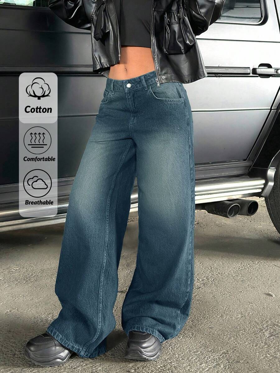 CasuGlow Solid Color Slant Pocket Low Waist Y2K Washed Casual Style Wide Leg Jeans - Light Wash - View 1