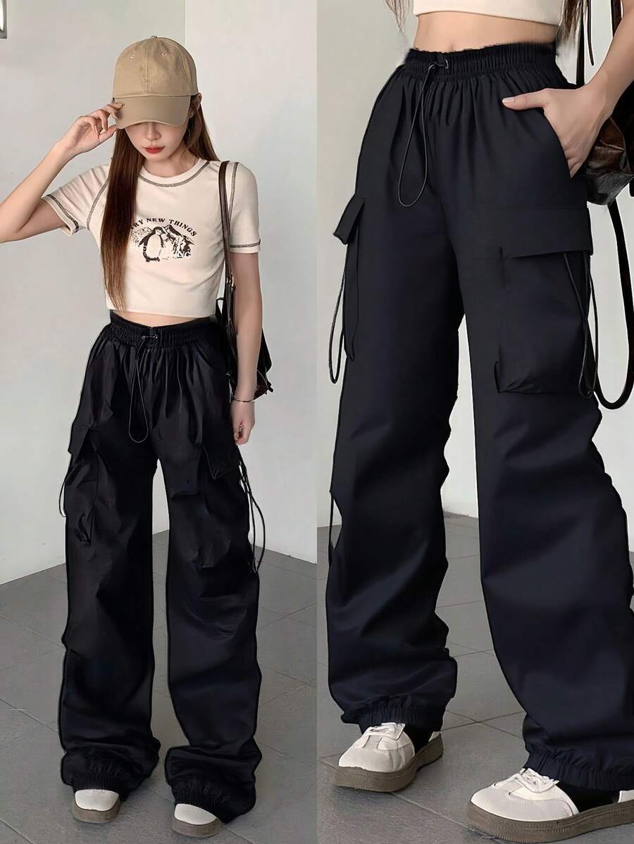Pantalones cargo de pierna ancha con cintura de cordón en unicolor, tipo paracaídas, para mujeres - Negro 2 - Ver 1