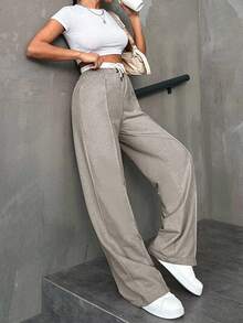 EURMUSE Cotton Women CottnLine Drawstring Waist Front Button Pants - Beige - View 5