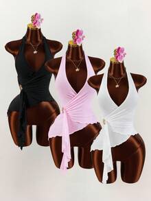 Amplova Top à col ras-du-cou minimaliste de couleur unie avec volants, pour un port quotidien. Printemps, Saint-Valentin pour femmes, Y2K, 3 pièces, printemps, vacances, décontracté - Multicolore - Voir 2
