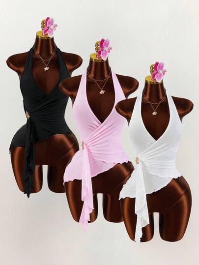 Amplova Women's Solid Color Minimalist Halter Neck Ruffle Trim Blouse, Everyday Wear Spring Outfit Women Valentine Outfits For Women