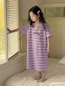DAZY 女童字母条纹印花圆领短袖休闲连衣裙/家居服 - 紫色 - 查看 4