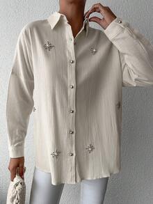 EURMUSE 100%Cotton Floral Embroidery Button Front Shirt - White - View 5