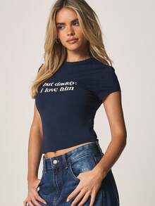 MISSGUIDED But Daddy I Love Him Navy Short Sleeve Crew Neck Graphic Tee Casual Statement Text Print Relaxed Fit Basic Top - Royal Blue - View 4