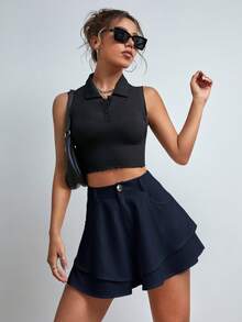 SHEIN Essnce Pantalones cortos de pierna ancha de unicolor y de doble capa, de estilo casual de verano - Azul Marino - Ver 5