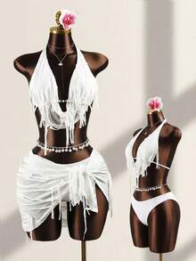 Zestiva Bộ bikini mùa hè dành cho nữ, màu trơn, cổ xếp ly, kiểu dáng gợi cảm, kèm áo khoác ngoài và váy. Bikini đi biển mùa hè 2026, họa tiết hoa điều, thích hợp cho kỳ nghỉ, hẹn hò, trà chiều, phong cách miền Tây, du thuyền, bãi biển, đảo, du lịch đường bộ, mọi mùa, lễ hội âm nhạc, kỳ nghỉ Boho, kỳ nghỉ Bohemian, mùa thu thư giãn, phong cách Boho miền Tây, bikini tua rua thanh lịch, đồ bơi tua rua, đồ bơi cho nữ, bikini trắng Boho, bộ bikini Boho kèm áo khoác ngoài và váy, bộ váy đi biển. - trắng - Xem 2