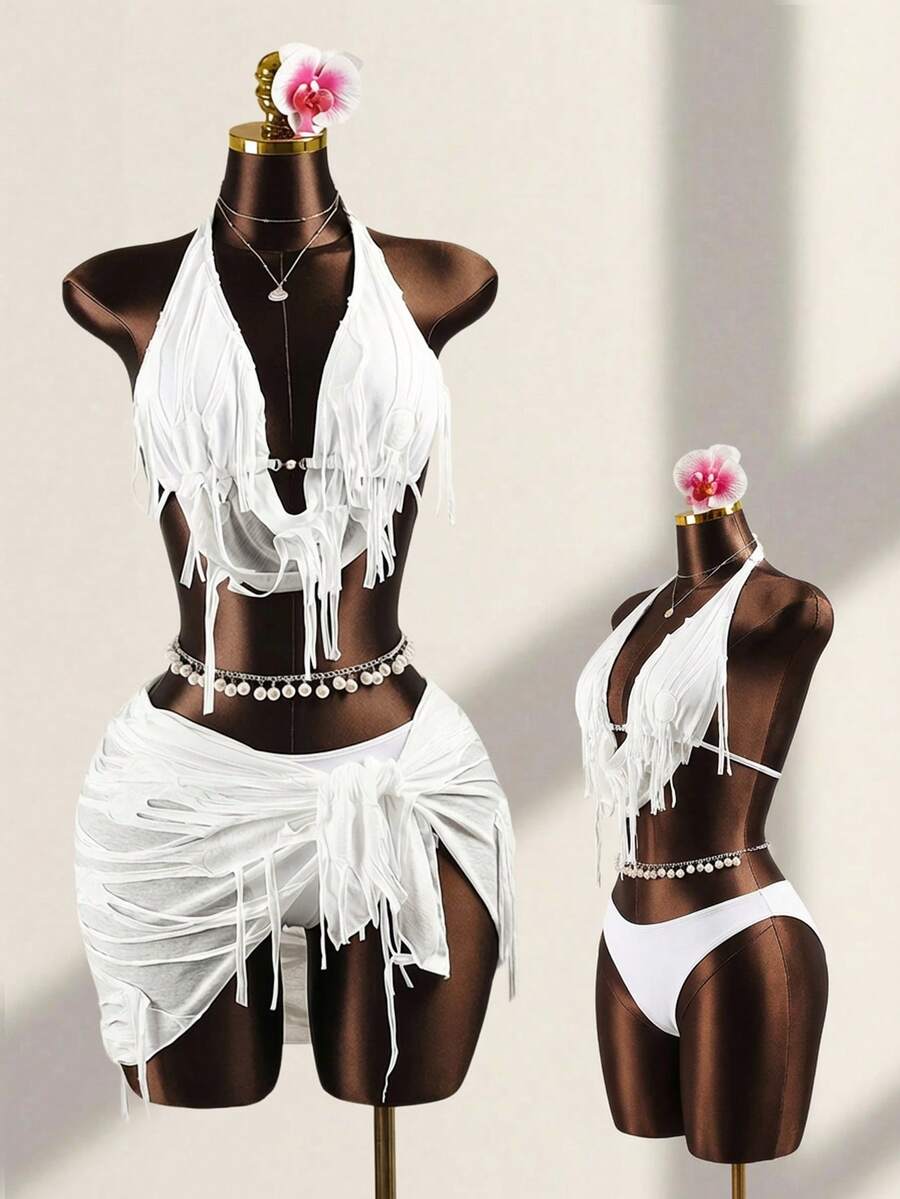 Zestiva Bộ bikini mùa hè dành cho nữ, màu trơn, cổ xếp ly, kiểu dáng gợi cảm, kèm áo khoác ngoài và váy. Bikini đi biển mùa hè 2026, họa tiết hoa điều, thích hợp cho kỳ nghỉ, hẹn hò, trà chiều, phong cách miền Tây, du thuyền, bãi biển, đảo, du lịch đường bộ, mọi mùa, lễ hội âm nhạc, kỳ nghỉ Boho, kỳ nghỉ Bohemian, mùa thu thư giãn, phong cách Boho miền Tây, bikini tua rua thanh lịch, đồ bơi tua rua, đồ bơi cho nữ, bikini trắng Boho, bộ bikini Boho kèm áo khoác ngoài và váy, bộ váy đi biển.