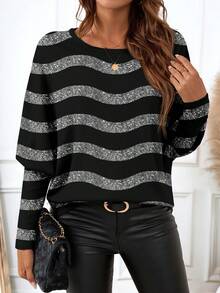 EMERY ROSE 休闲复古优雅通勤百搭保暖黑灰闪光波浪条纹印花图案，适合秋冬季舒适宽松圆领长袖收腰女式T恤 - 彩色 - 查看 7