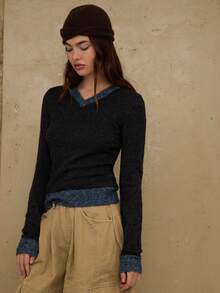 COUREZ 缩水V领套头衫/Y2K秋冬女装休闲外出上衣女式冬季毛衣新年穿搭 - 黑色 - 查看 6