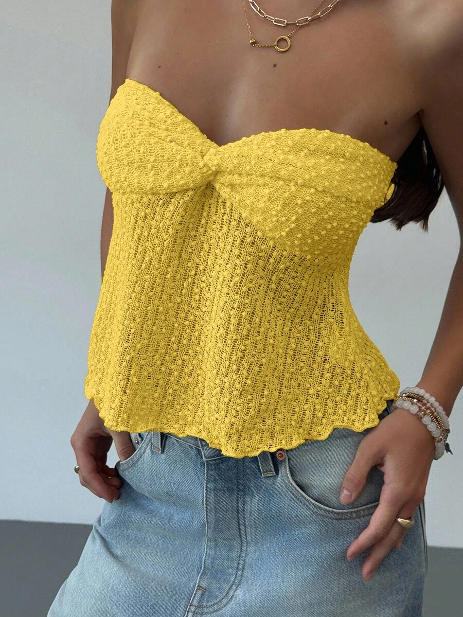 Aloruh Romantic Sexy Yellow Twist Hollow Textured Ruffle Hem Tight Crop Top For Women - Yellow - View 1