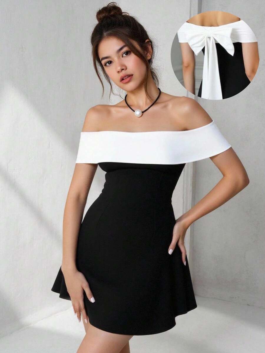 Đầm trễ vai thời trang cho thiếu nữ, váy ngắn phối màu đen trắng thanh lịch, đầm chữ A ôm sát trễ vai mùa hè, phù hợp cho hẹn hò, đi làm, dự tiệc, mặc hàng ngày, đa năng. - màu đen - Xem 1