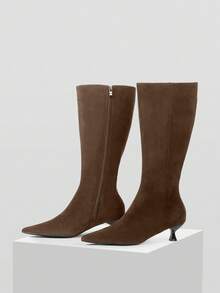 Mnmlis 女士尖头休闲百搭时尚高跟过膝长靴 - 鏽棕色 - 查看 8