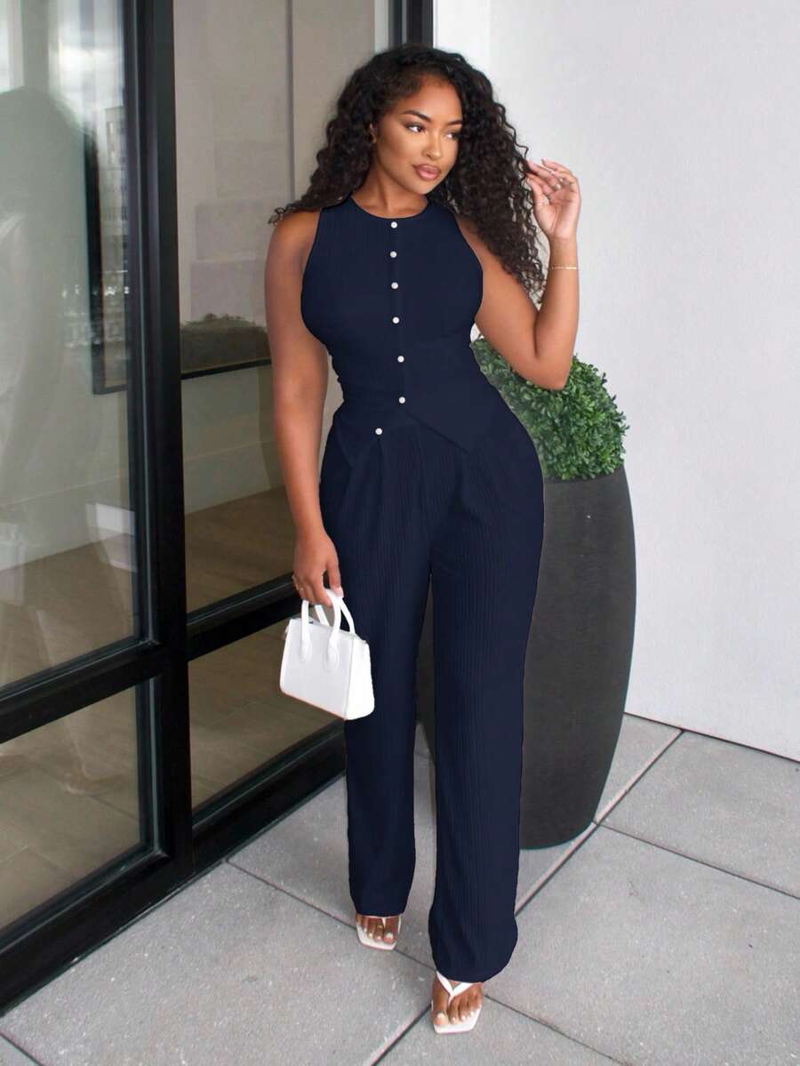 Alexandranx Bộ 2 món đồ đi làm thanh lịch, màu trơn thời trang dành cho nữ - Áo crop top không tay cổ tròn bó sát và quần ống rộng ống đứng thoải mái cạp cao - Màu xanh hải quân - Xem 1