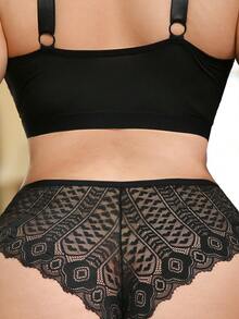 Seduluxe 1 Peça Calcinha Sexy de Renda com Laço Decorativo para Mulheres Plus Size - Preto - Visão 7