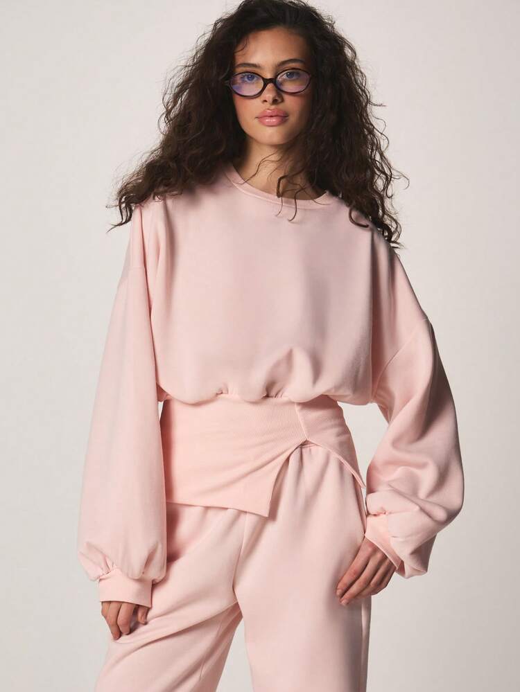 MISSGUIDED Oversized Crew Neck Sweatshirt With Cinched Waist Belt Balloon Sleeves Soft Knit Pullover Relaxed Fit Casual Long Sleeve Pink Top