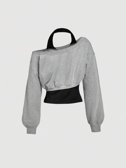 SHEIN MOD Áo nỉ nữ kiểu dáng thường ngày, phối màu, thiết kế bất đối xứng, in họa tiết NY, phù hợp mặc hàng ngày.