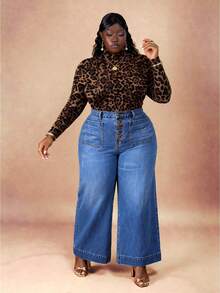 CurvyTilda Plus Size Women Button Pocket Casual Wide Leg Jeans Casual Street Patchwork Pocket Loose Wide Leg Jeans Women Jeans Baggy Loose Jeans Thermal Denim Autumn And Winter New Styles, For Hourglow & Hourglass Body Shape - Blue - View 1