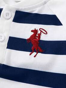 SHEIN Playful Pals 2pcs Baby Boys' Casual All-Match Embroidered Contrast Color Raglan Long Sleeve T-Shirt Tops Baby Boy Tops Baby Sailor Navy Outfit Baby Boy Full Sleeve Tshirts Toddler Striped Shirt