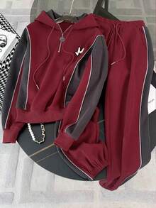 Franclia Sweatshirt lengan panjang berkerudung dengan resleting setengah dan bahu jatuh + celana kasual bertali - Burgundy - View 4