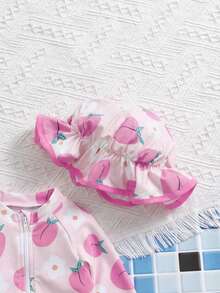 SHEIN Traje de baño de una pieza con mangas raglán, volantes y estampado de melocotón para niña, ideal para vacaciones en la playa - Multicolor - Ver 5