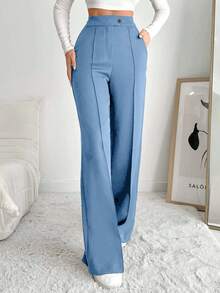 EURMUSE Women's Solid Color High Waist Toothpick Design Pocket Casual/Work Pants - Baby Blue - View 5