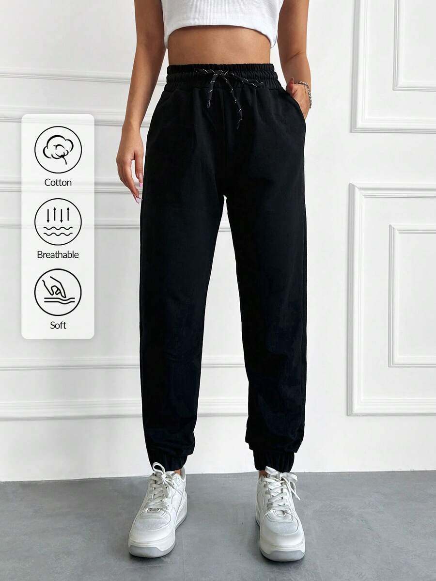 Cloudara Solid Drawstring Waist Slant Pocket Joggers - Black - View 1