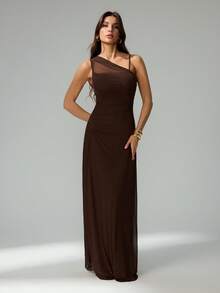 SHEIN Tall Đầm ôm sát màu đen xuyên thấu, bất đối xứng, xếp ly, thanh lịch, tối giản, thời trang dành cho nữ, thích hợp mặc hàng ngày, đi dự lễ hội âm nhạc hoặc đi nghỉ mát. - màu nâu - Xem 10